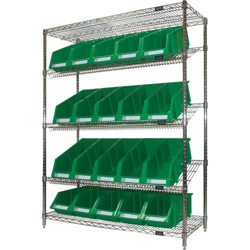 Slanted Wire Shelf with Bins, 5 Tiers, 48" W x 63" H x 18" D Brunswick Fyr & Safety