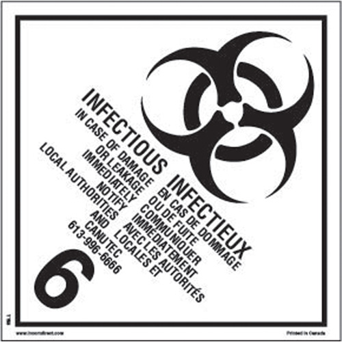 TDG Shipping Labels, Class 6.2, Infectious Substances, Vinyl Brunswick Fyr & Safety