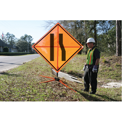 Tilt-Adjust Merge Left Roll-Up Construction Sign, 36" x 36", Vinyl, Pictogram Brunswick Fyr & Safety