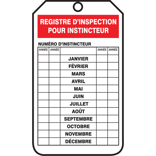 &eacute;tiquettes de s&eacute;curit&eacute; d'inspection et de contr&ocirc;le de l'&eacute;tat de l'&eacute;quipement, Plastique, 3-1/8" la x 5-7/8" h, Français Brunswick Fyr & Safety