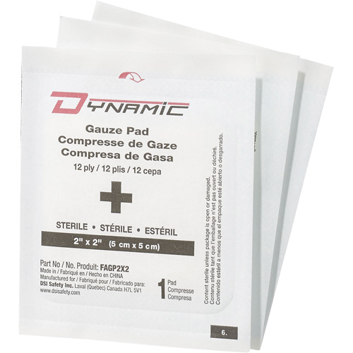Gaze Dynamic, Tampon, 2" lo x 2" la, St&eacute;rile, Dispositif m&eacute;dical Classe 1 Brunswick Fyr & Safety