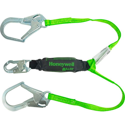 Miller&reg; HP Shock-Absorbing Lanyard, 4', Locking Rebar Hook Center, Locking Snap Hook Leg Ends, Polyester Brunswick Fyr & Safety