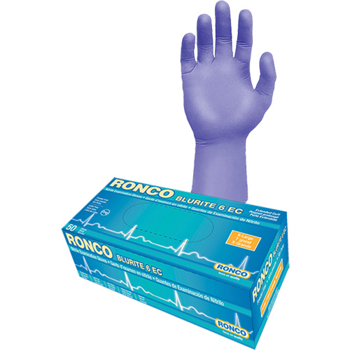 Gants d'examen &agrave; manchette allong&eacute;e Blurite 6 EC, Petit, Nitrile, 6 mils, Sans poudre, Mauve, Classe 2 Brunswick Fyr & Safety