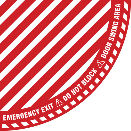 Signalisation au sol ?Emergency Exit? (sortie de secours) pour porte battante en quart de cercle, Adh&eacute;sif, Anglais avec pictogramme Brunswick Fyr & Safety