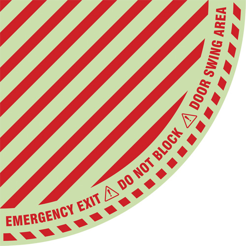Signalisation au sol ?Emergency Exit? (sortie de secours) pour porte battante en quart de cercle, Adh&eacute;sif, Anglais avec pictogramme Brunswick Fyr & Safety
