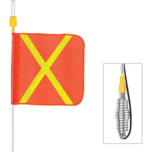 Tiges de s&eacute;curit&eacute; tout-temps de s&eacute;rie lourde avec lumi&egrave;re DEL constante Safety Whip, Fixation Ressort, Hauteur 5', Orange avec X r&eacute;fl&eacute;chissant Brunswick Fyr & Safety