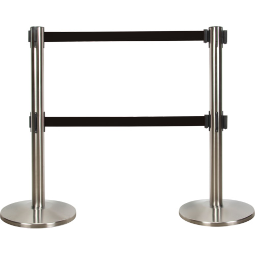 Barri&egrave;re pour le contr&ocirc;le des foules &agrave; courroie double, Acier, 35" h, Ruban Noir, Longueur du ruban 7' Brunswick Fyr & Safety