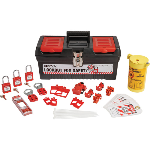 Trousse de cadenassage et d&eacute;tiquetage &eacute;lectrique avec cadenas de s&eacute;curit&eacute; en nylon dans une boîte &agrave; outils, Ensemble &eacute;lectrique, 33 composants compris Brunswick Fyr & Safety