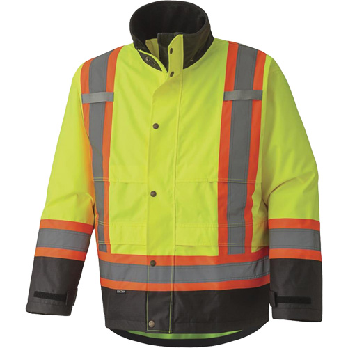 5401 Veste de s&eacute;curit&eacute; imperm&eacute;able 300D Trilobal antid&eacute;chirure, Polyester, Noir/Jaune lime haute visibilit&eacute;, Grand Brunswick Fyr & Safety