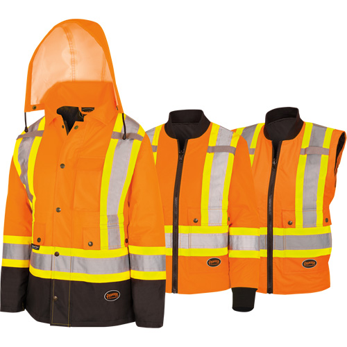 5020BBW Manteau 7 en 1 imperm&eacute;able pour femmes avec capuchon, Polyester/Polyur&eacute;thane, Orange haute visibilit&eacute;, T-petit Brunswick Fyr & Safety