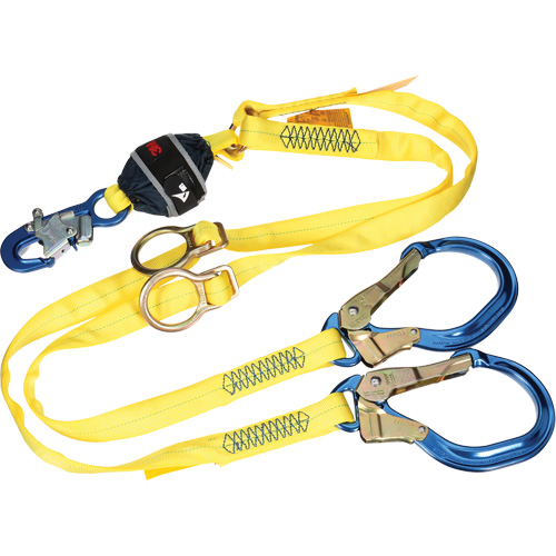 Twin-Leg Tie-Back Web Shock-Absorbing Lanyard, 6', Rebar Hook Center, Snap Hook Leg Ends, Polyester Brunswick Fyr & Safety