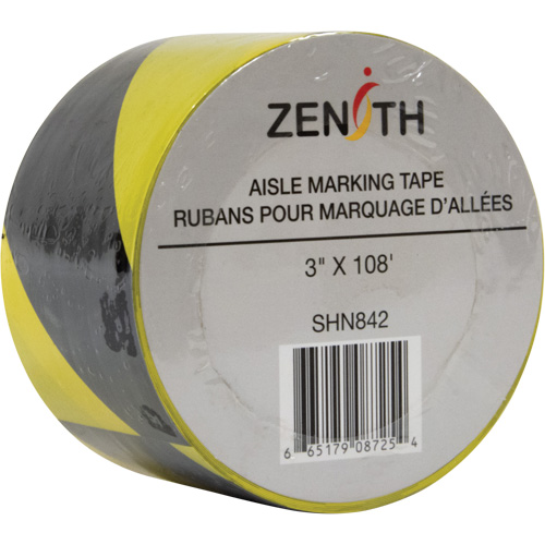 Aisle Marking Tape, 3" x 108', PVC, Black and Yellow Brunswick Fyr & Safety