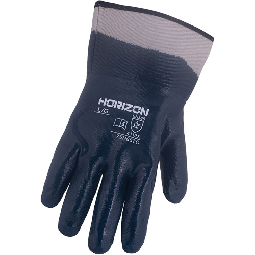 Horizon&reg; Navy Gloves with Pasted Cuffs, Medium, Nitrile Coating, Jersey/Cotton Shell Brunswick Fyr & Safety