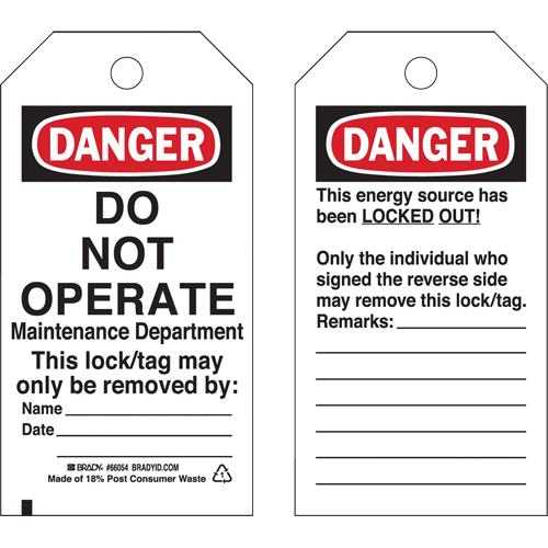 Lockout Tags, Plastic, 3" W x 5-3/4" H, English Brunswick Fyr & Safety