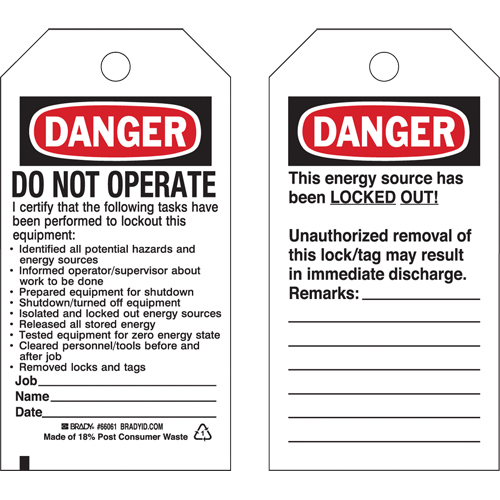 Lockout Tags, Plastic, 3" W x 5-3/4" H, English Brunswick Fyr & Safety