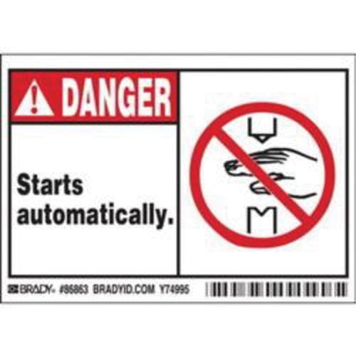 Enseigne Danger Starts Automatically, 3-1/2" x 5", Polyester, Anglais avec pictogramme Brunswick Fyr & Safety