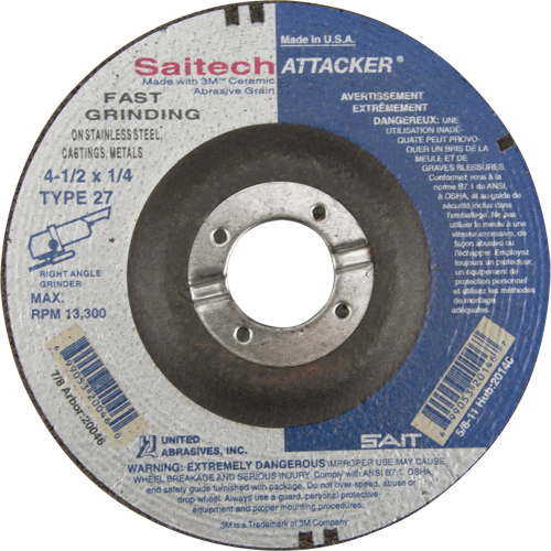 Saitech Attacker&reg; Fast Grinding Wheel, 4-1/2" x 1/4", 7/8" Arbor, Aluminum Oxide/Ceramic, Type 27 Brunswick Fyr & Safety