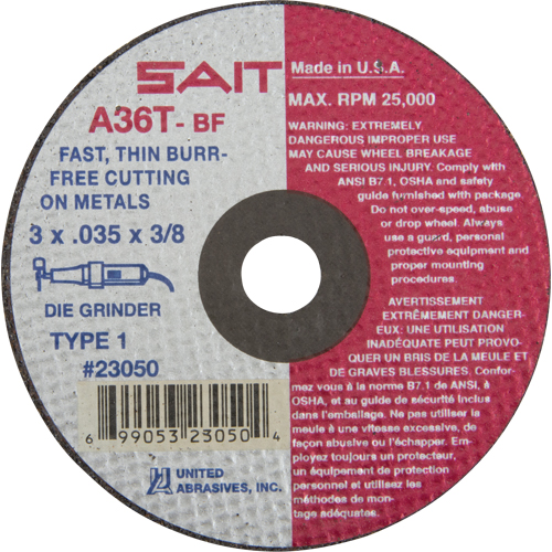 Cut-Off Wheel (A36T), 3" x 0.035", 3/8" Arbor, Type 27, Aluminum Oxide, 25000 RPM Brunswick Fyr & Safety