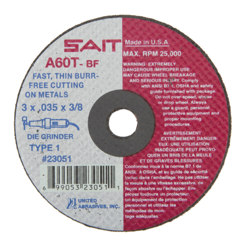 Cut-Off Wheel (A36T), 3" x 0.035", 3/8" Arbor, Type 1, Aluminum Oxide, 25000 RPM Brunswick Fyr & Safety