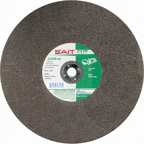 C24R Concrete High Speed Cut-Off Wheel, 14" x 1/8", 1" Arbor, Type 1, Silicon Carbide, 5400 RPM Brunswick Fyr & Safety