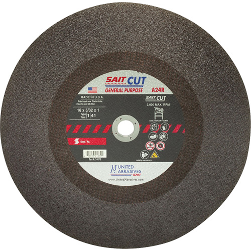 Cut-Off WHEEL A24R, 16" x 5/32", 1" Arbor, Type 1, Aluminum Oxide, 3800 RPM Brunswick Fyr & Safety
