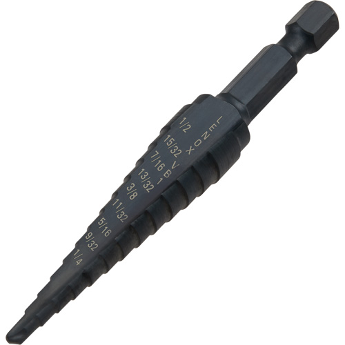 #1 Step Drill Bit, 1/8" - 1/2" , 1-3/2" Increments, High Speed Steel Brunswick Fyr & Safety
