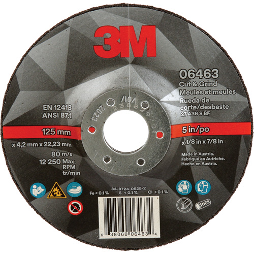 Cut & Grind Wheel, 5" x 1/8", 7/8" Arbor, Type 27, Ceramic Brunswick Fyr & Safety