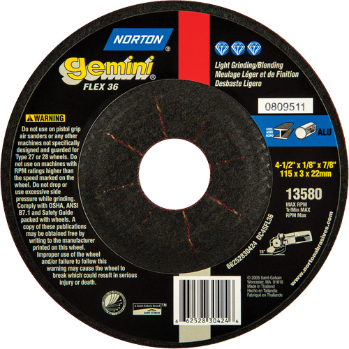 Gemini&reg; Flexible Mini Disc Depressed Centre Wheel, 4-1/2" x 1/8", 7/8" Arbor, Aluminum Oxide, Type 27 Brunswick Fyr & Safety