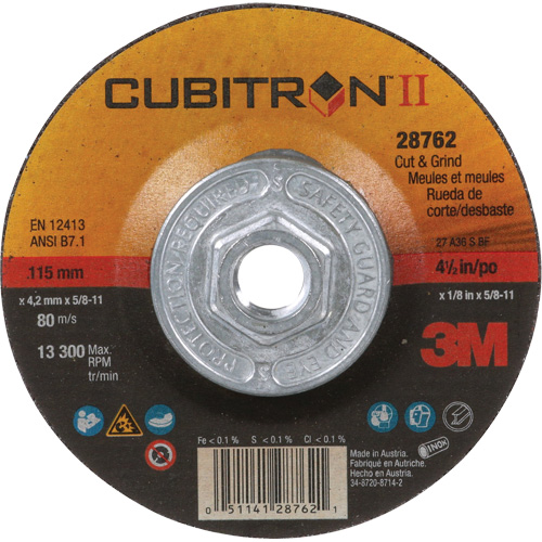 Cubitron II Quick Change Cut & Grind Wheel, 4-1/2" x 1/8", 5/8"-11 Arbor, Type 27, Ceramic Brunswick Fyr & Safety