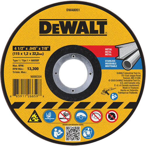 Metal Cut-Off Wheel, 4-1/2" x 0.045", 7/8" Arbor, Aluminum Oxide, Type 1 Brunswick Fyr & Safety