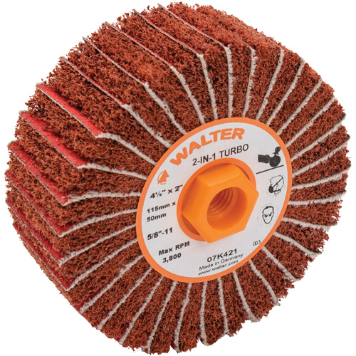 Two-In-One Turbo Drums, 4-1/2" Dia. x 2" W, 5/8"-11 Arbor, 60 Grit Brunswick Fyr & Safety