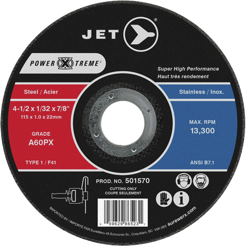 Meule &agrave; tronçonner Power-Xtreme A46PX, 4-1/2" x 1/16", Arbre de 7/8", Type 1, 13 300 Tr/min Brunswick Fyr & Safety