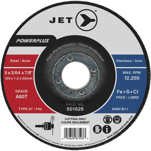 A60T PowerPlus Cut-Off Wheel, 5" x 3/64", 7/8" Arbor, Type 27, 12200 RPM Brunswick Fyr & Safety