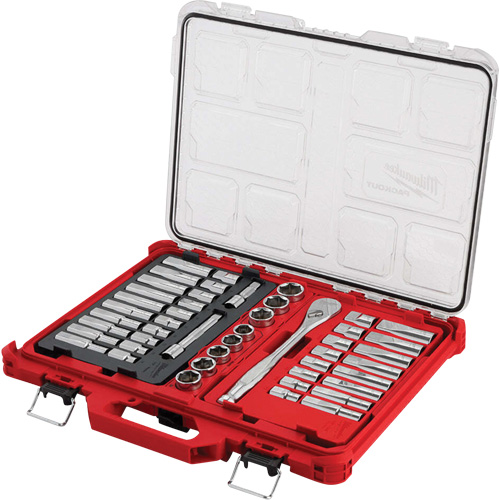 Ratchet & Socket Set with PACKOUT Low-Profile Organizer, 47 Pcs, 1/2" Drive Size, Deep Brunswick Fyr & Safety