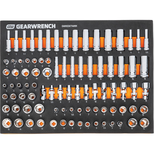 Jeu d'outils m&eacute;triques pour m&eacute;canicien MEGAMOD dans des plateaux en mousse modulaire avec armoire roulante &agrave; outils, 358 morcea Brunswick Fyr & Safety