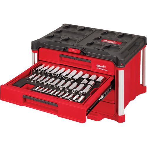 Ensemble de 242 pi&egrave;ces de douilles et cliquets m&eacute;triques et SAE 1/4", 3/8" et 1/2" avec boîte &agrave; outils PACKOUT &agrave; 4 tiroirs, 16-3/10" x 22-1/5" x 14-3/10", Noir/Rouge Brunswick Fyr & Safety