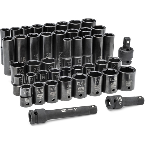 6 Point SAE/Metric Socket Set, 44 Pcs, Impact, 1/2" Drive Size, Deep Brunswick Fyr & Safety
