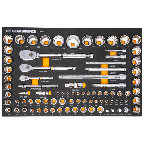 Jeu d'outils SAE/m&eacute;triques pour m&eacute;canicien &agrave; 90 dents 1/4", 3/8" & 1/2" avec plateau de rangement en mousse Brunswick Fyr & Safety