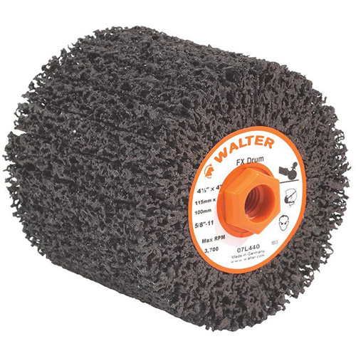 FX Cleaning & Finishing Drum, 4-1/4" Dia. x 4" W, 5/8"-11 Arbor, Coarse Grit Brunswick Fyr & Safety
