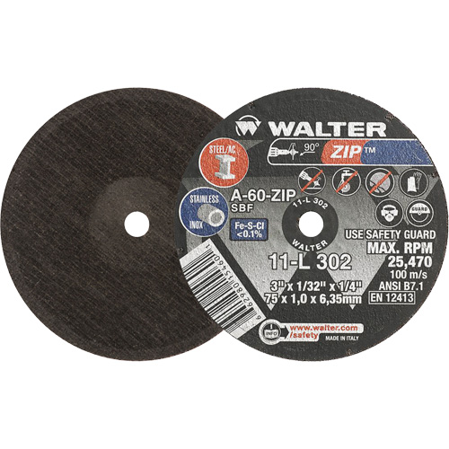 Meule &agrave; tronçonner Zip, 3" x 1/32", Arbre de 1/4", Type 1, Oxyde d'aluminium, 25470 Tr/min Brunswick Fyr & Safety