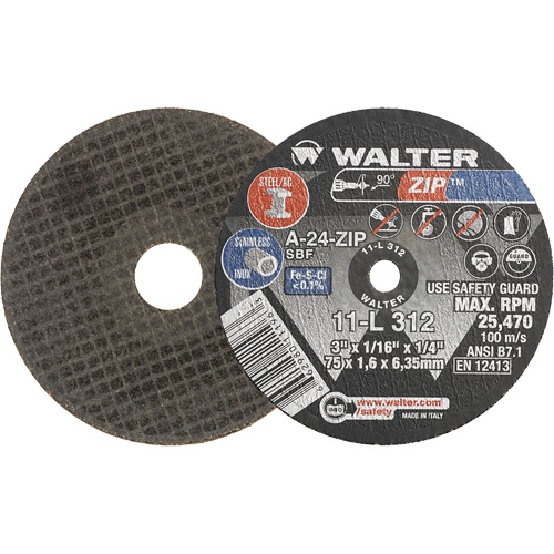 Meule &agrave; tronçonner Zip, 3" x 1/16", Arbre de 1/4", Type 1, Oxyde d'aluminium, 25470 Tr/min Brunswick Fyr & Safety