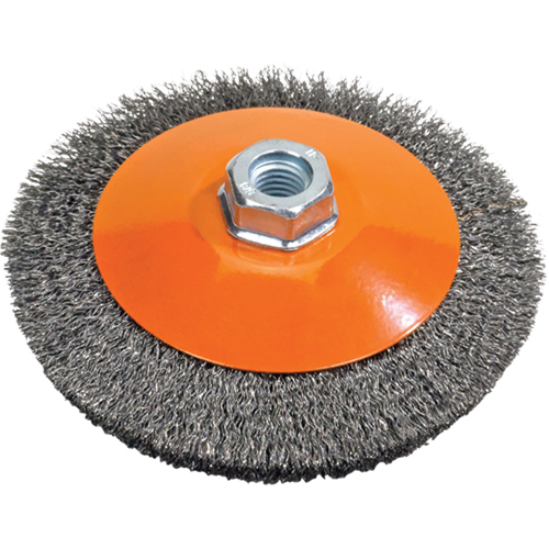Brosse soucoupe &agrave; fils nou&eacute;s torsad&eacute;s, Dia. 5", Fils 0,02", Arbre 5/8"-11, Acier Brunswick Fyr & Safety