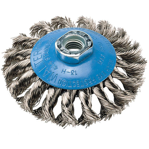 Brosse concave &agrave; fils nou&eacute;s torsad&eacute;s, Dia. 5", Fils 0,02", Arbre 5/8"-11, Aluminium/Acier inoxydable Brunswick Fyr & Safety
