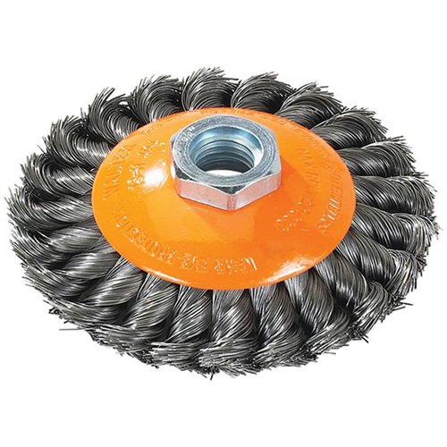 Knot-Twisted Saucer Cup Wire Wheel, 7" Dia., 0.02" Fill, 5/8"-11 Arbor, Steel Brunswick Fyr & Safety