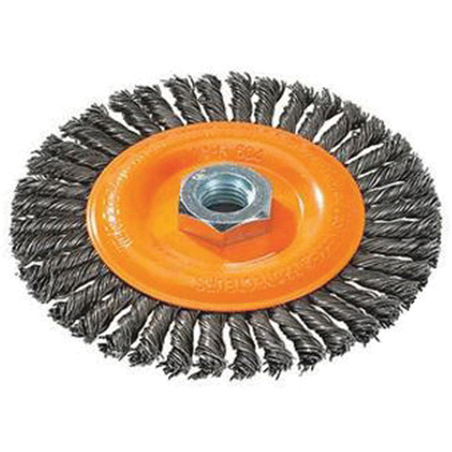 Stringer Bead Knotted Wire Brush, 4" Dia., 0.02" Fill, 5/8"-11 Arbor, Steel Brunswick Fyr & Safety