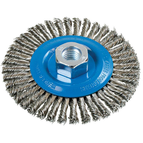 Brosse &agrave; fils nou&eacute;s pour cordons de soudure, Dia. 4-1/2", Fils 0,02", Arbre 5/8"-11, Aluminium/Acier inoxydable Brunswick Fyr & Safety