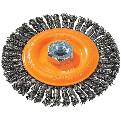 Stringer Bead Knotted Wire Brush, 5" Dia., 0.02" Fill, 5/8"-11 Arbor, Steel Brunswick Fyr & Safety