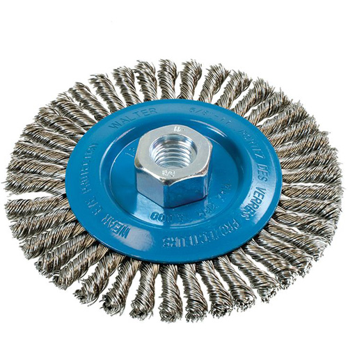 Brosse &agrave; fils &eacute;troits nou&eacute;s et torsad&eacute;s, Dia. 5", Fils 0,02", Arbre 5/8"-11, Aluminium/Acier inoxydable Brunswick Fyr & Safety
