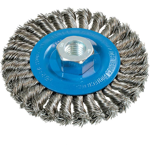 Wide Knotted Wire Wheel Brush, 4-1/2" Dia., 0.02" Fill, 5/8"-11 Arbor, Aluminum/Stainless Steel Brunswick Fyr & Safety