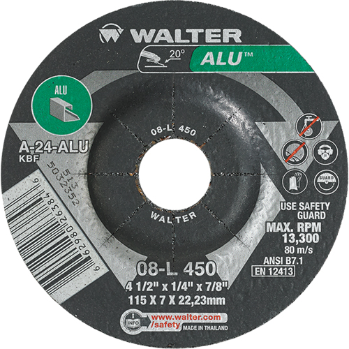 Aluminium Depressed Centre Grinding Wheels, 4-1/2" x 1/4", 7/8" Arbor, Type 27 Brunswick Fyr & Safety